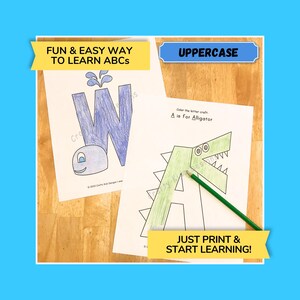 May include: Two coloring pages with uppercase letters and illustrations. One page features a blue "W" with a whale, and the other has a green alligator-shaped "A". Text reads "FUN & EASY WAY TO LEARN ABCS", "UPPERCASE", and "JUST PRINT & START LEARNING!"
