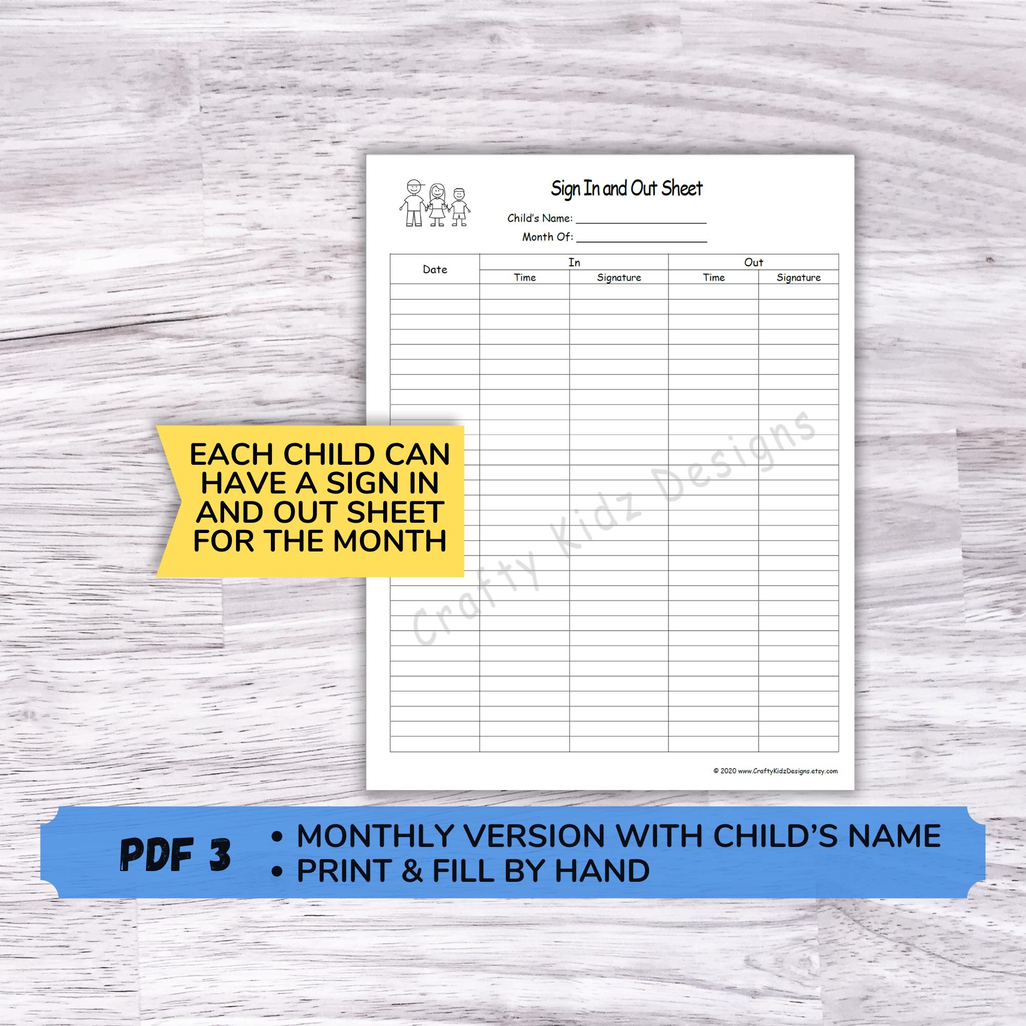 Daycare Sign in and Out Sheets Printable Childcare Attendance Sheet ...