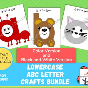 ABC Letter Crafts for Kids, Lowercase, Crafts for Toddlers, Preschool and Daycare, Color Version, Black and White Version, Crafts for Kids