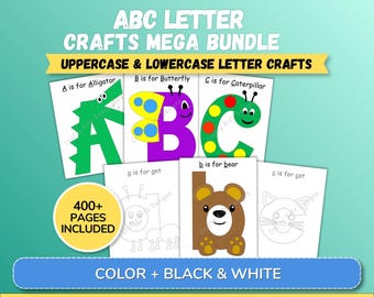 ABC Letter Crafts Printable Uppercase and Lowercase Alphabet Crafts Preschool Activities Toddler Learning Color and Black and White