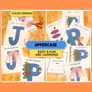 Puede incluir: Materiales educativos para aprender el abecedario. La imagen muestra recortes de papel de colores de las letras J y P, junto con ilustraciones de una medusa y un pavo real. El texto de la imagen dice "UPPERCASE EASY & FUN ABC LEARNING".