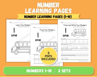 Páginas para aprender los números del 1 al 10 (PDF imprimible) / Hojas de trabajo para trazar números / Actividad matemática para preescolar / Material imprimible para jardín de infancia
