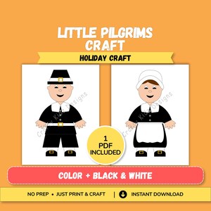 以下が含まれることがあります： LITTLE PILGRIMS CRAFTというタイトルのデジタルクラフトテンプレートで、2人の漫画キャラクターが描かれています。一方は黒い帽子、コート、ショートパンツに白い襟を着用しています。もう一方は白いボンネット、黒いドレス、白いエプロンを着用しています。テキストには1 PDF INCLUDEDと記載されています。