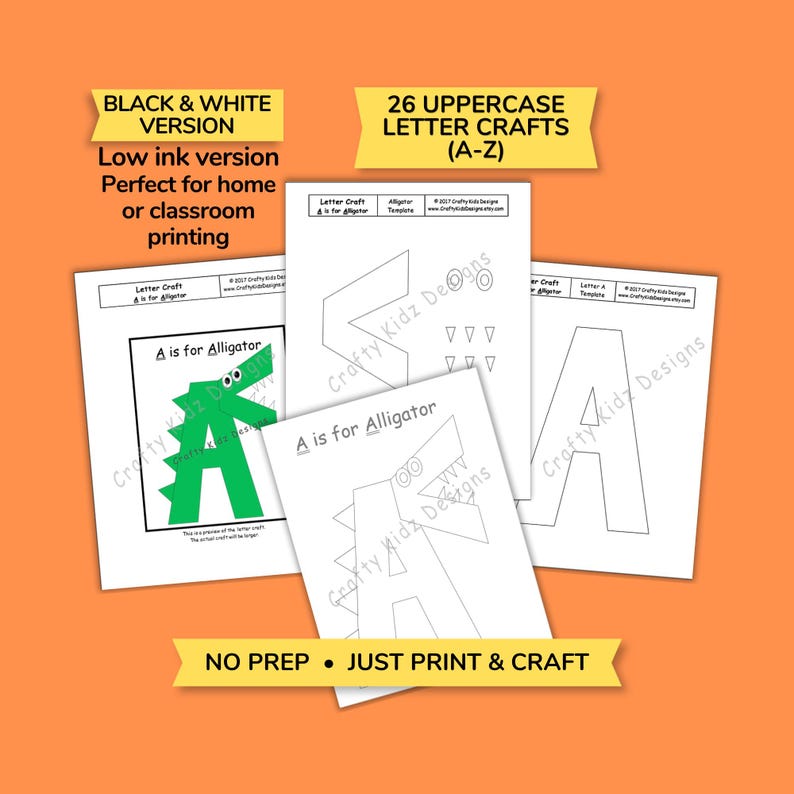 May include: Printable letter crafts for children, showcasing uppercase letters A-Z. The image displays white sheets with the letter "A" in different designs, including an alligator. Text includes "Black & White Version" and "No Prep - Just Print & Craft."