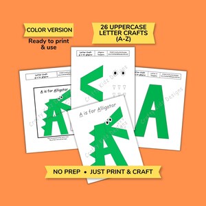Puede incluir: Una colecci&oacute;n de manualidades de letras imprimibles para ni&ntilde;os. La imagen muestra varias hojas blancas con dise&ntilde;os de la letra 'A' con tem&aacute;tica de cocodrilo verde. El texto en las hojas dice 'A is for Alligator' y '26 UPPERCASE LETTER CRAFTS (A-Z)'. El fondo es naranja.