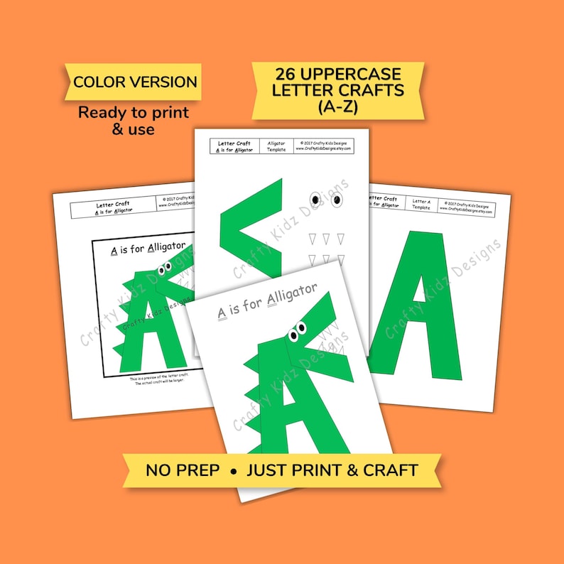 Puede incluir: Una colecci&oacute;n de manualidades de letras imprimibles para ni&ntilde;os. La imagen muestra varias hojas blancas con dise&ntilde;os de la letra 'A' con tem&aacute;tica de cocodrilo verde. El texto en las hojas dice 'A is for Alligator' y '26 UPPERCASE LETTER CRAFTS (A-Z)'. El fondo es naranja.