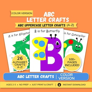 Puede incluir: Una imagen educativa colorida con ABC Letter Crafts. La imagen muestra tres p&aacute;ginas con ilustraciones de un caim&aacute;n, una mariposa y una oruga. El texto incluye "26 Alphabet Crafts A-Z!" y "100+ Pages Included."