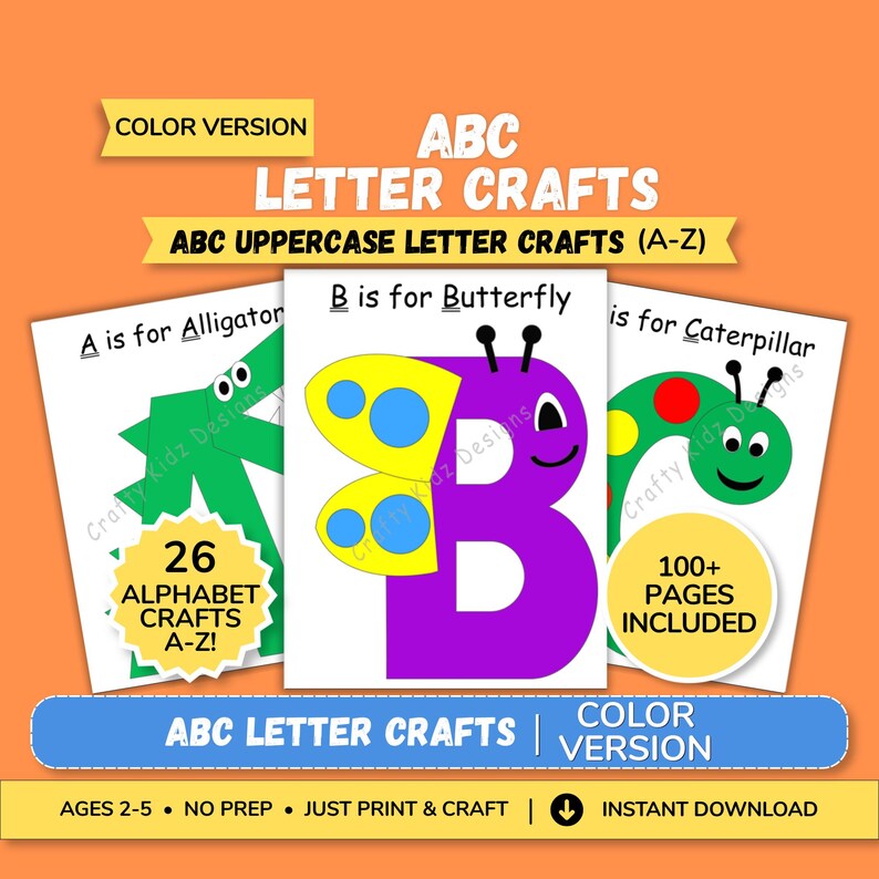 Puede incluir: Una imagen educativa colorida con ABC Letter Crafts. La imagen muestra tres p&aacute;ginas con ilustraciones de un caim&aacute;n, una mariposa y una oruga. El texto incluye "26 Alphabet Crafts A-Z!" y "100+ Pages Included."