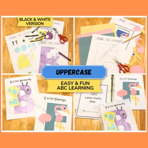 May include: A collection of ABC learning resources. The image shows colourful letter crafts, including a butterfly and a flamingo, with the text "UPPERCASE" and "EASY & FUN ABC LEARNING". The image also includes scissors, crayons, and a binder.
