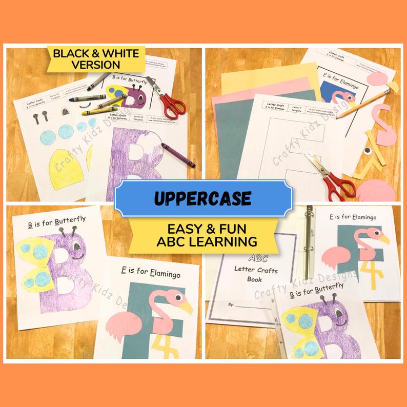 May include: A collection of ABC learning resources. The image shows colourful letter crafts, including a butterfly and a flamingo, with the text "UPPERCASE" and "EASY & FUN ABC LEARNING". The image also includes scissors, crayons, and a binder.