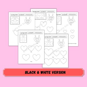 May include: A collection of five printable activity sheets titled Love Bug Crafts, featuring black and white line art of heart-shaped insects with antennae and smiling faces, along with various heart shapes for cutting and assembly projects.
