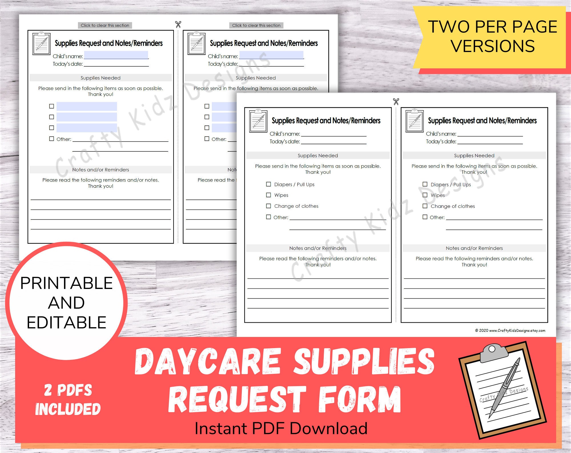 Daycare Supplies Request Form for Home Daycares, Childcare Centers and  Preschools, Printable and Editable PDF Daycare Forms 
