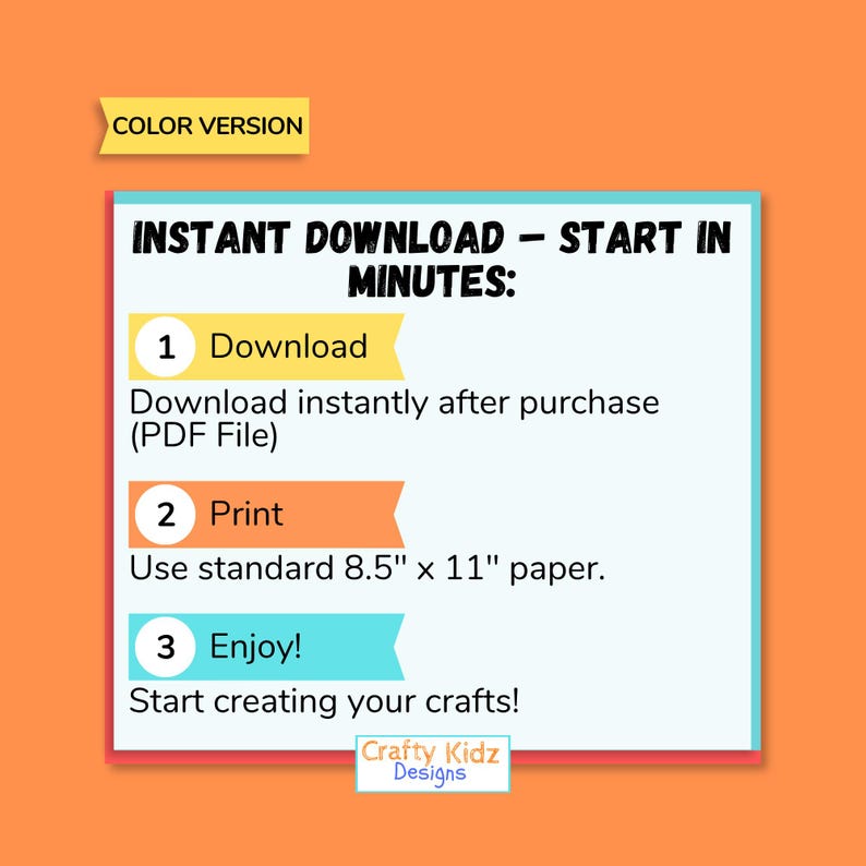 Puede incluir: Un fondo naranja con un rect&aacute;ngulo blanco y azul que contiene instrucciones para una descarga instant&aacute;nea. El texto dice "Descarga instant&aacute;nea - Empieza en minutos: &iexcl;Descarga, Imprime, Disfruta!" El tama&ntilde;o del papel es de 21,6 cm x 27,9 cm.