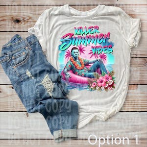 May include: White t-shirt with a graphic of a character in a Hawaiian shirt and flower lei floating on a pink inflatable ring. The text "KILLER Summer VIBES" is above the character. Light blue denim jeans are next to the shirt.