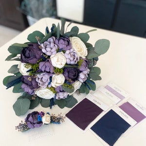 Shades of Purple and Ivory Bridal Bouquet, Bridesmaids Bouquet, Sola Wood Flowers
