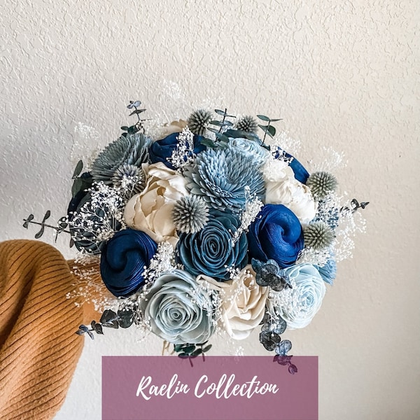 Raelin | Navy Blue and Dusty Blue wedding bouquet made with sola wood flowers