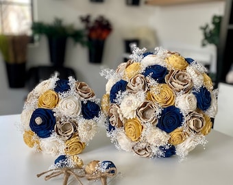 Navy, Gold, Ivory, Wedding Bouquet, Sola Wood Flower Bouquet, Dried Flowers , Brooches Bouquet