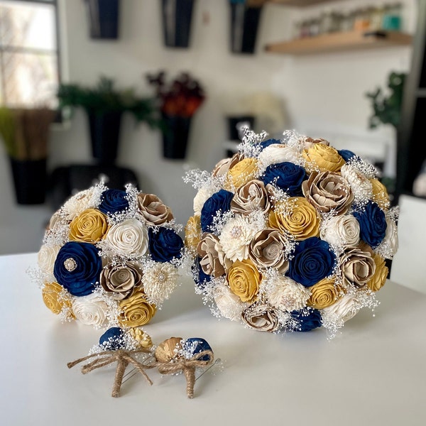 Navy, Gold, Ivory, Wedding Bouquet, Sola Wood Flower Bouquet, Dried Flowers , Brooches Bouquet