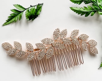Bridal Rose Gold Rhinestone Leaves Hair Comb