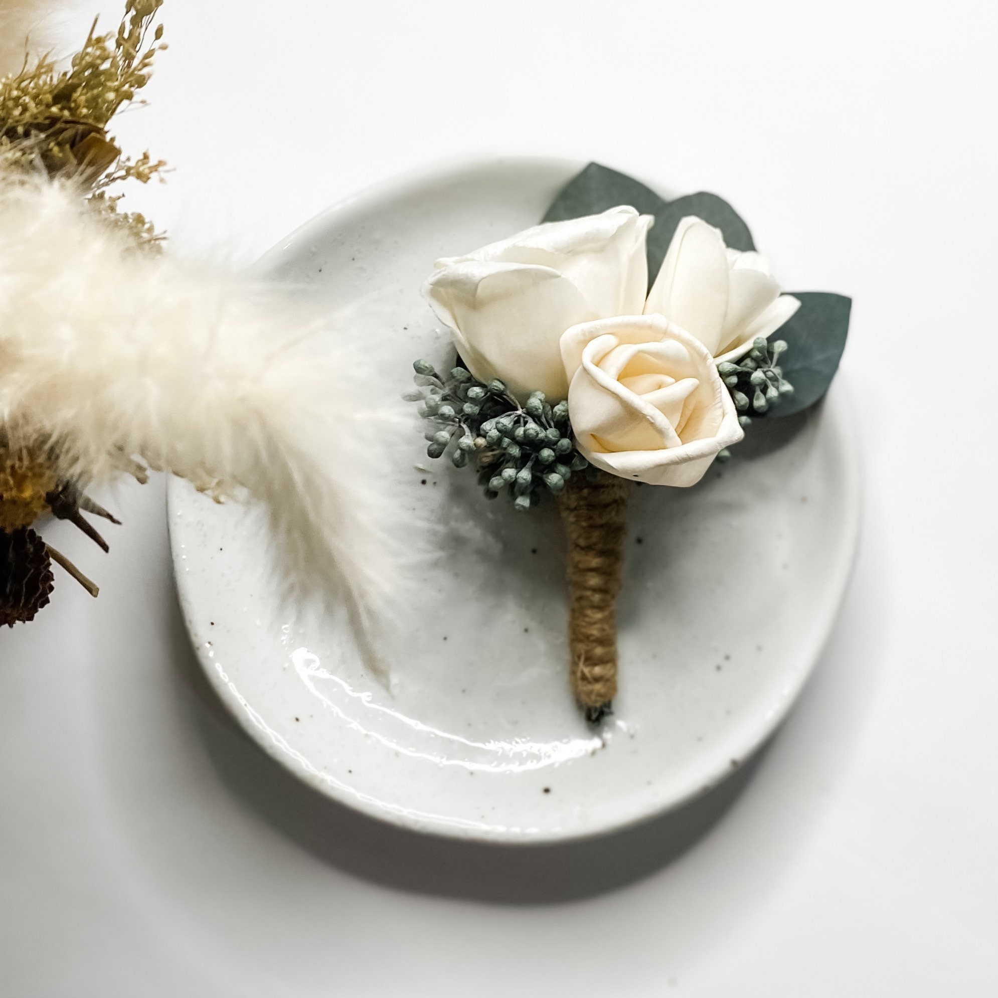 White Sola Wood Flower Boutonniere With Greenery Etsy