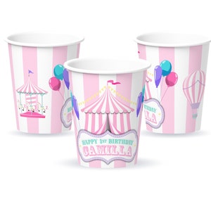 Carnival Circus Birthday Party, Pink Pastels, Personalized Party Cups, 12count, 9oz