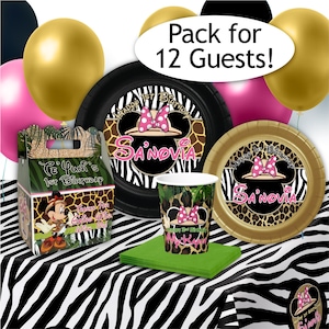 May include: A party pack for 12 guests with a jungle safari theme featuring Minnie Mouse. The pack includes black and white zebra print plates, gold and leopard print plates, green napkins, cups with a jungle print and Minnie Mouse, and favor boxes with a jungle print and Minnie Mouse.