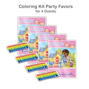May include: Coloring kit party favors for 4 guests. The image shows several party favor sets, each including a crayon set and a card with a cartoon house and characters. The cards have text that reads "Thanks for coming to my birthday".