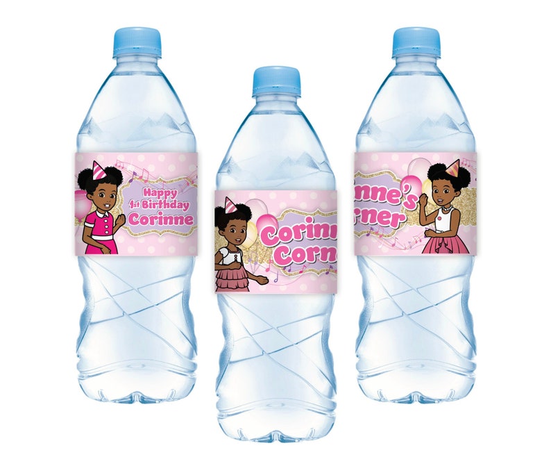 Gracie's Corner Birthday pink Party for girls, custom water bottle labels personalized for your birthday girl. African American girl birthday party, Gracie Corner Party decorations, drink labels, water label, Gracie's Corner Party Supplies on sale