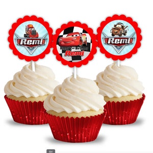 Cars Lightning McQueen Race Birthday Party, Personalized Cupcake Toppers, pack of 12