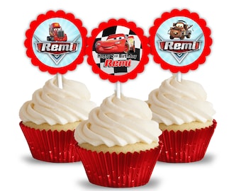 Cars Lightning McQueen Race Birthday Party, Personalized Cupcake Toppers, pack of 12