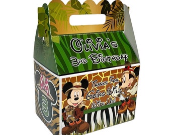 Mickey & minnie mouse safari jungle birthday party, qty 8 personalized gable favor boxes