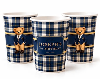 Preppy Bear Plaid Personalized Party Cups, pack of 12