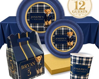 Preppy Bear Plaid Personalized Basic Party Pack, 12 Guest Bundle