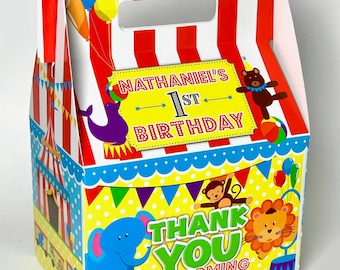 Circus Animals Train Party, Personalized Gable Favor Boxes, pack of 8