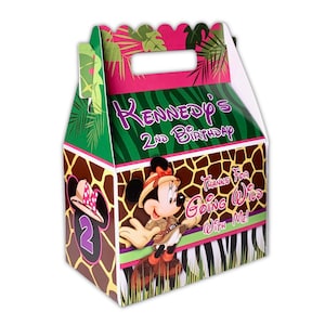 Minnie mouse jungle safari pink birthday party, personalized gable favor boxes, pack of 8