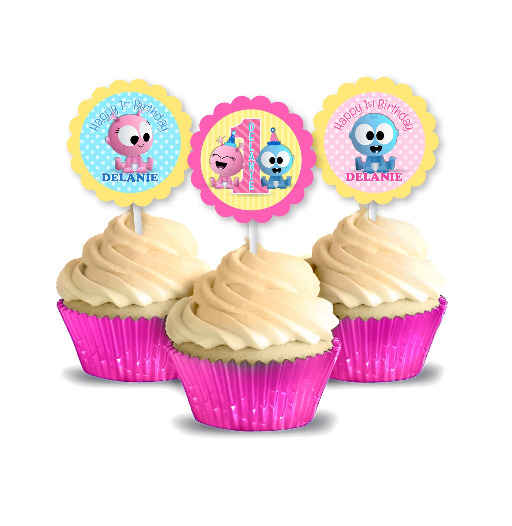 GooGoo and GaaGaa BabyFirstTV Party, Personalized Cupcake Toppers, pack of 12