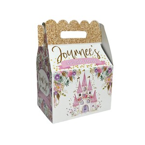 Pink Princess Castle Floral Personalized Gable Favor Boxes, pack of 8