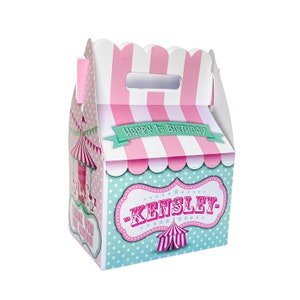 Carousel Circus Carnival Pink and Aqua Birthday Party, Personalized Gable Favor Boxes, pack of 8