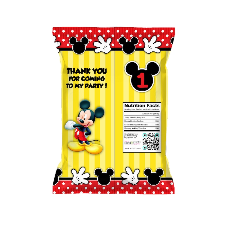 May include: A yellow and red party favor bag with a Mickey Mouse character on the front. The bag has a nutrition facts label with the text "Thank you for coming to my party!" and "Nutrition Facts".
