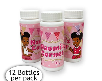 May include: Three pink and white bubble bottles with a personalized label featuring a cartoon girl with a party hat and the text "Naomi's Corner". The bottles are arranged in a row and the text "12 Bottles per pack" is visible below the bottles.