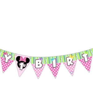 Puede incluir: Una guirnalda de cumplea&ntilde;os rosa y verde con tem&aacute;tica de Minnie Mouse. La pancarta presenta banderines triangulares con lunares, rayas y las palabras "Happy Birthday" en letras blancas. Minnie Mouse aparece en varios banderines.