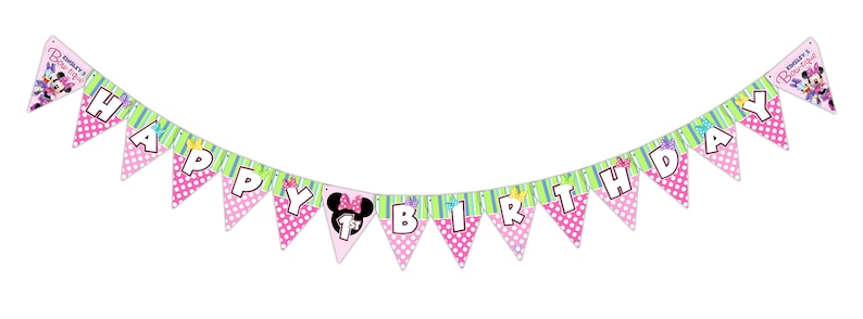 Puede incluir: Una guirnalda de cumplea&ntilde;os rosa y verde con tem&aacute;tica de Minnie Mouse. La pancarta presenta banderines triangulares con lunares, rayas y las palabras "Happy Birthday" en letras blancas. Minnie Mouse aparece en varios banderines.