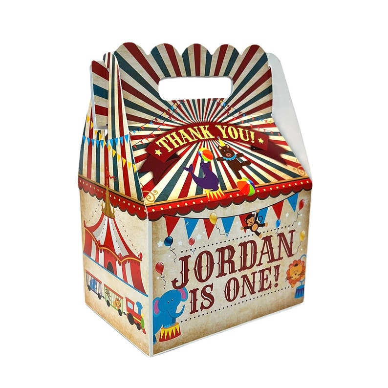 Circus Vintage Party, Personalized Gable Favor Boxes, pack of 8 image 1