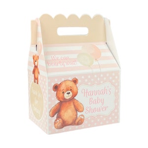 Teddy Bear Baby Shower Favor Boxes: Pink & Tan, Personalized, Set of 8