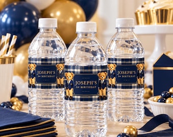 Preppy Plaid Teddy Bear Personalized Water Bottle Labels, Set of 15