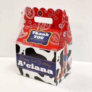 Bandana and cow print Dolittle Birthday Party, QTY 8 Personalized Gable Favor Boxes