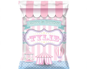 Circus Carnival Pastel Party Custom Chip Bags, Snack Bags, Pouches, SET of 12