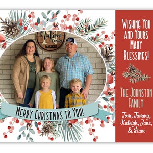 Pine Sprigs and Berries Photo Christmas Card Die Cut, Set of 12 PRINTED CARDS