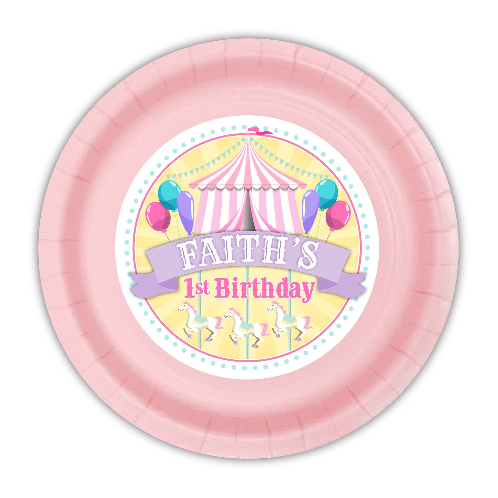 Circus Carnival Party Personalized Meal Plates Pink Pastels Theme 12count