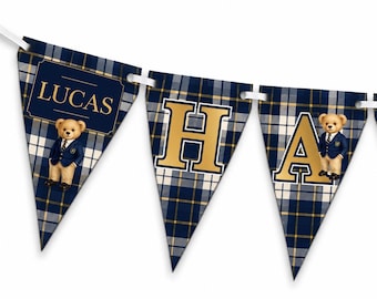 Preppy Bear Plaid Birthday Personalized Banner Decoration